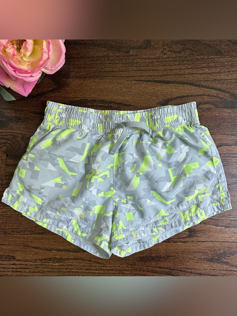 Under Armour grey and neon yellow athletic shorts, size XL